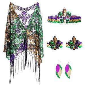9691 5pcs Mardi Gras Shawl Scarf Costume Set With Sequin